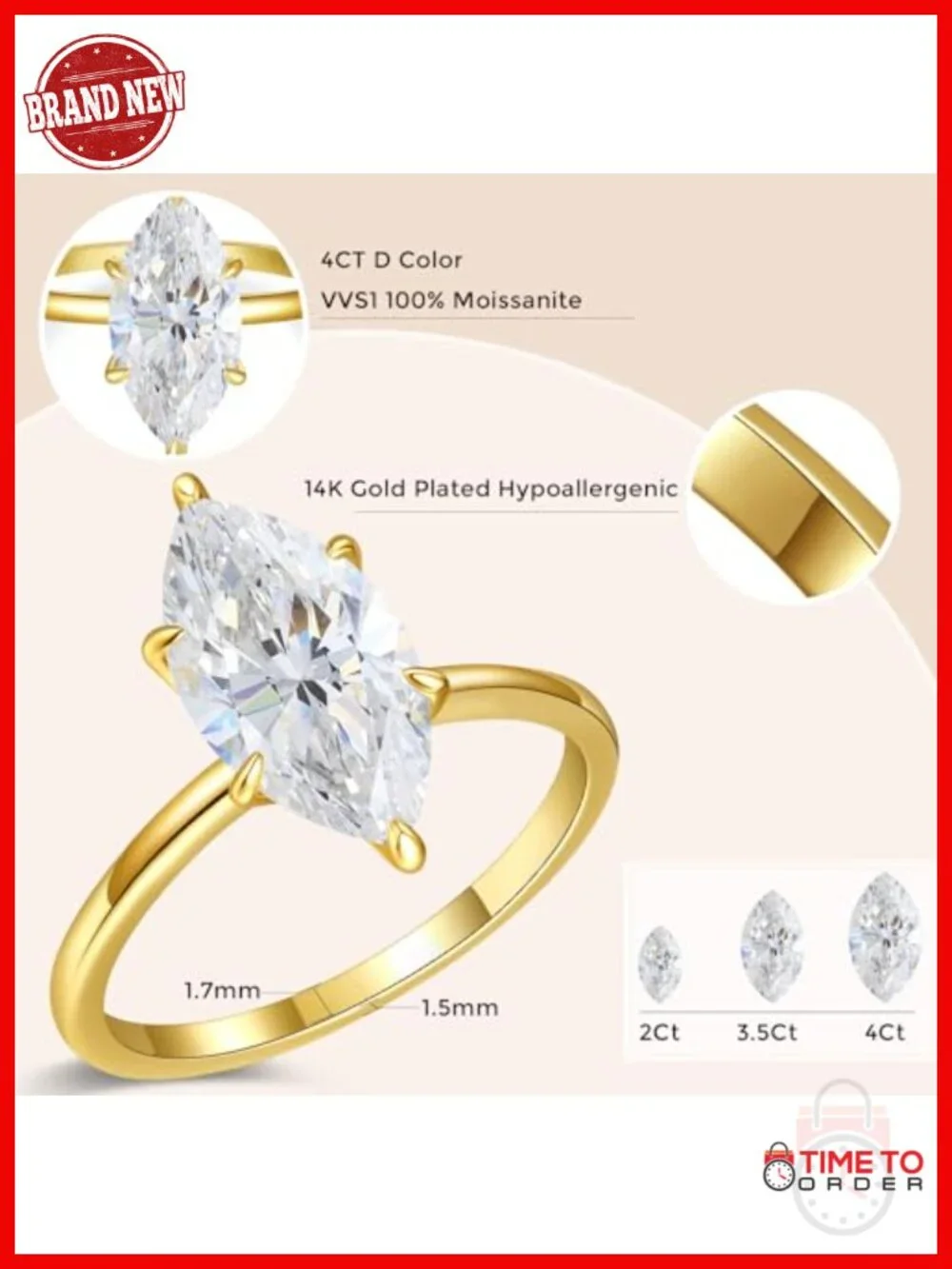 4CT Marquise Cut Moissanite Engagement Ring, 14K Gold Plated Solitaire, Size 8